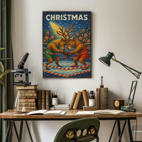 Christmas Wrestling Reindeer: Whimsical Holiday Fantasy Poster