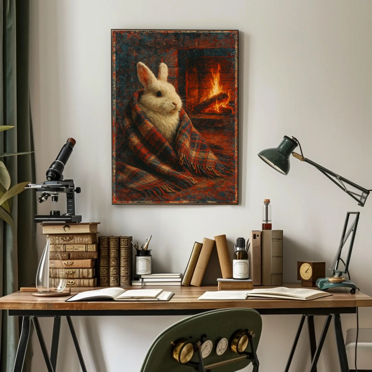 Cozy Rabbit by the Fireplace Poster