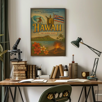 Hawaii Surf Volcano King Flag Flowers Travel Poster