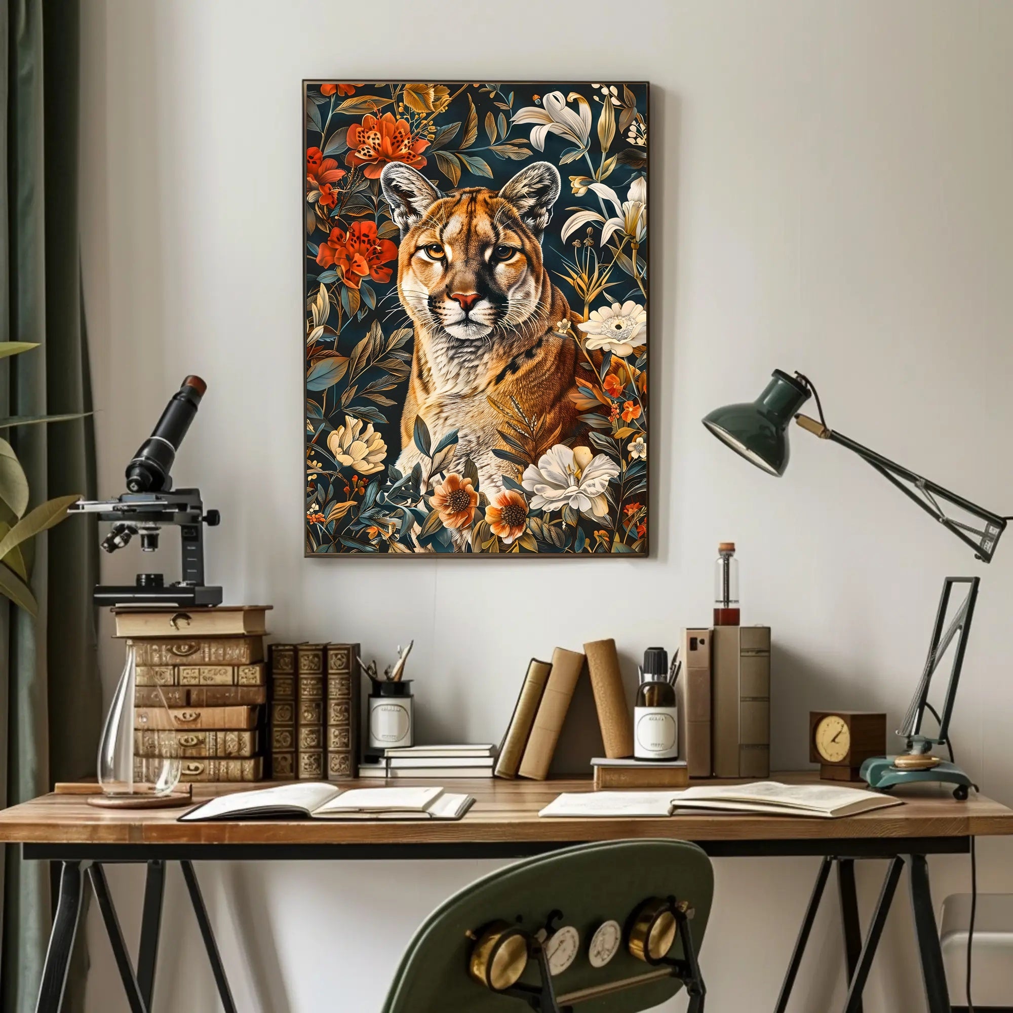 Majestic Cougar Floral Wall Art Print