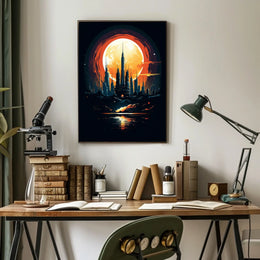 Futuristic Cityscape Under a Full Moon Poster