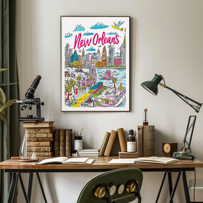 New Orleans Louisiana Colorful Riverside Cityscape Travel Poster