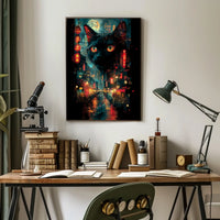 Surreal Cityscape Poster with Floating Black Cat