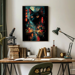 Surreal Cityscape Poster with Floating Black Cat