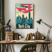 New York City Skyline Illustration Poster Retro Wall Art