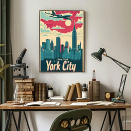 New York City Skyline Illustration Poster Retro Wall Art