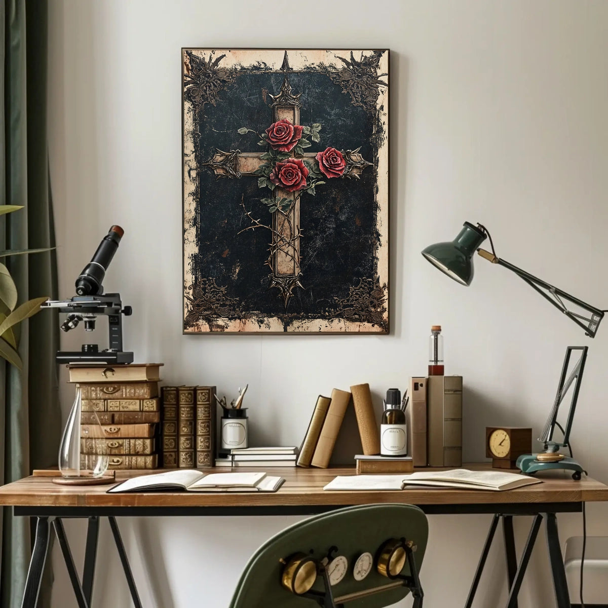 Gothic Cross with Red Roses Decoration Poster