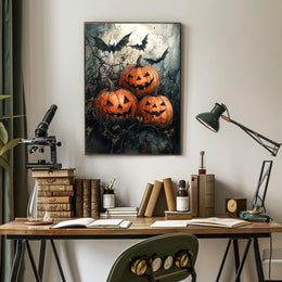 Halloween Jack-o'-lantern Bats Gathering Art Print Poster