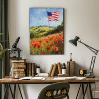 peaceful field of poppies with one large American flag Poster