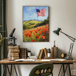 peaceful field of poppies with one large American flag Poster