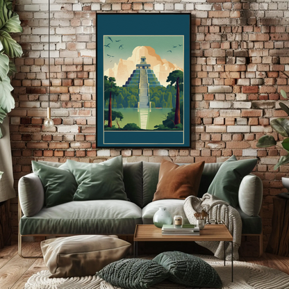 Mayan Pyramid Reflected Jungle Temple Vintage Travel Poster