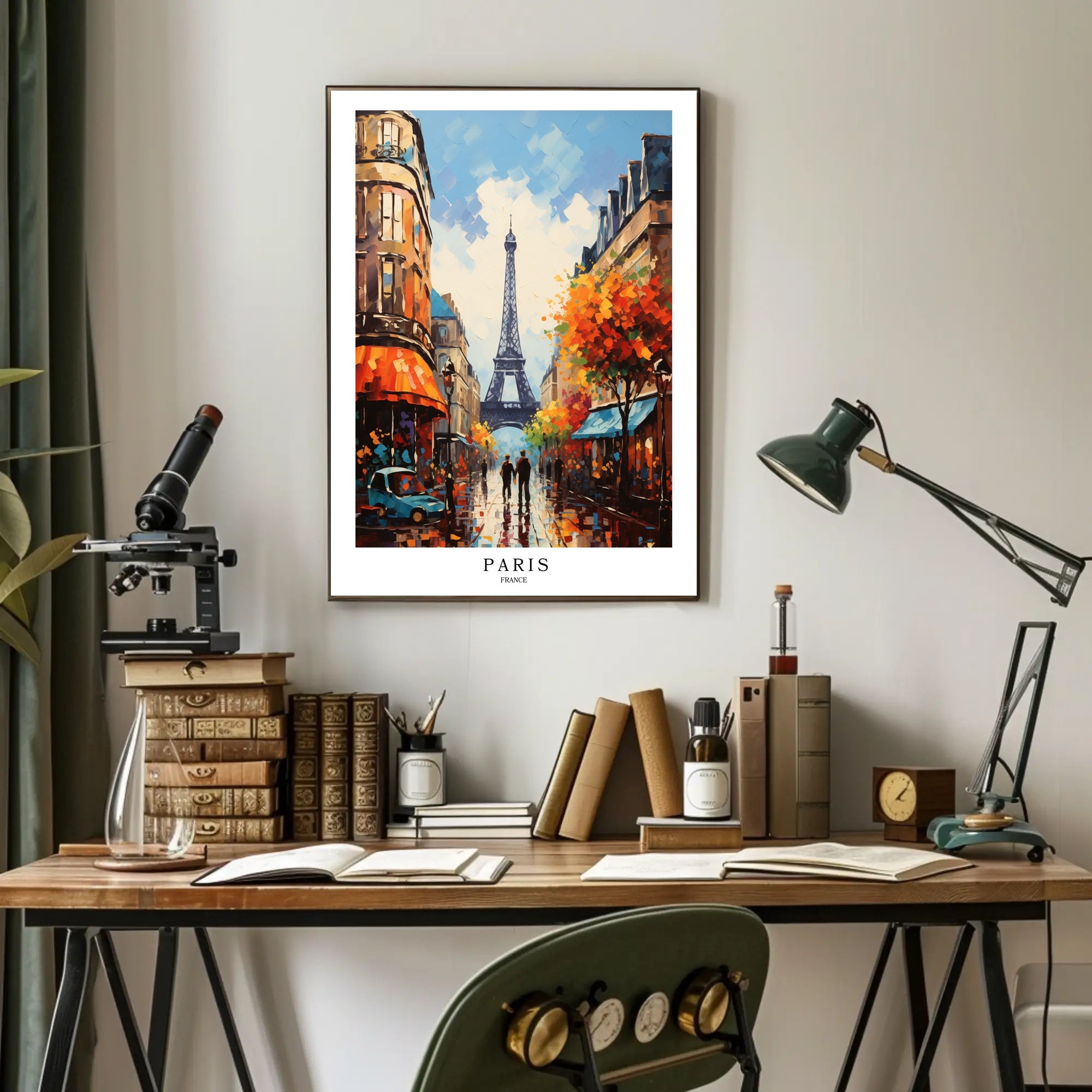 Parisian Street with Eiffel Tower Urban Cityscape Poster PosterGoat