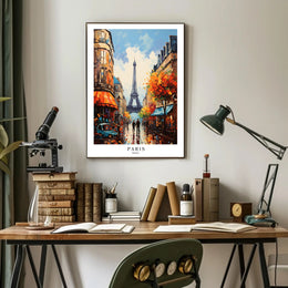 Parisian Street with Eiffel Tower Urban Cityscape Poster PosterGoat
