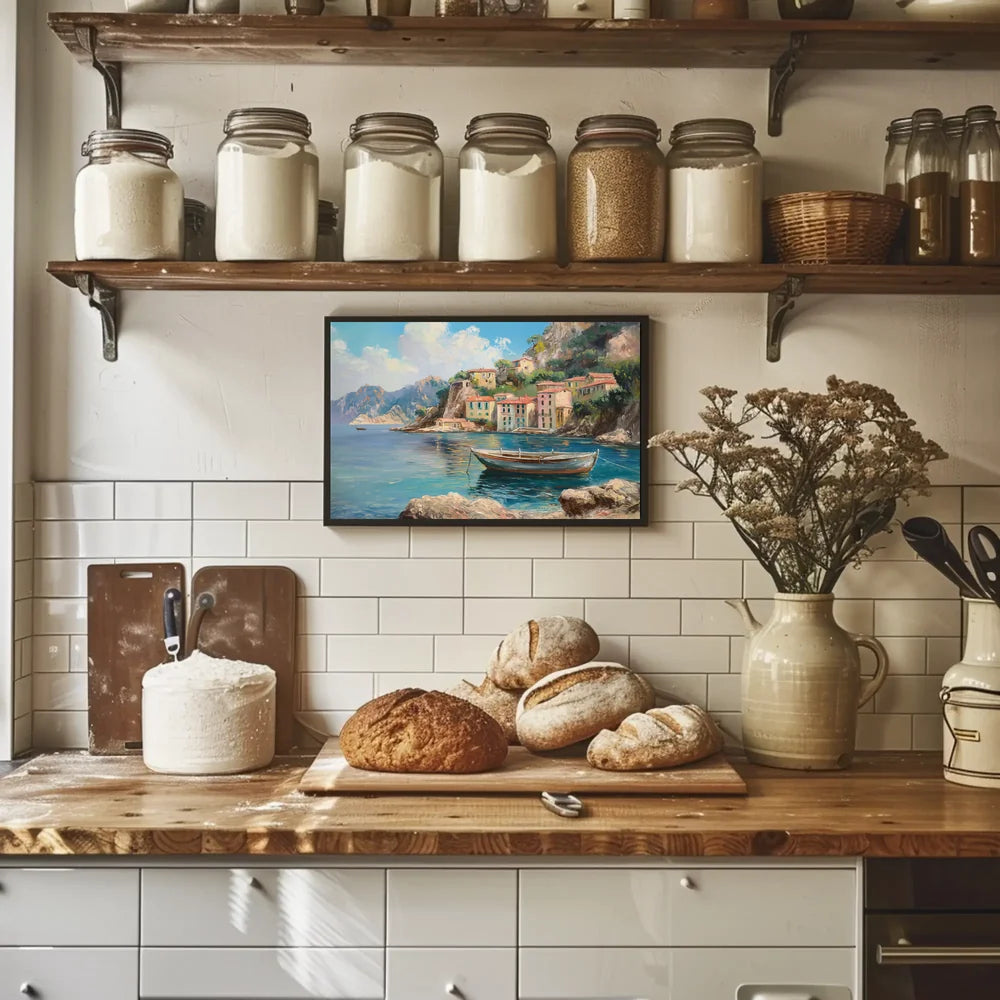 The poster showcases a scenic coastal village, likely inspired by the Mediterranean region, Travel Poster