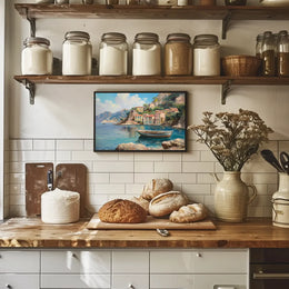 The poster showcases a scenic coastal village, likely inspired by the Mediterranean region, Travel Poster