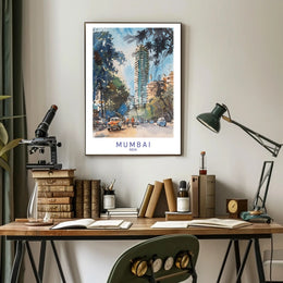 Mumbai's Vibrant Watercolor Cityscape with Energetic Urban or Cityscape Poster PosterGoat