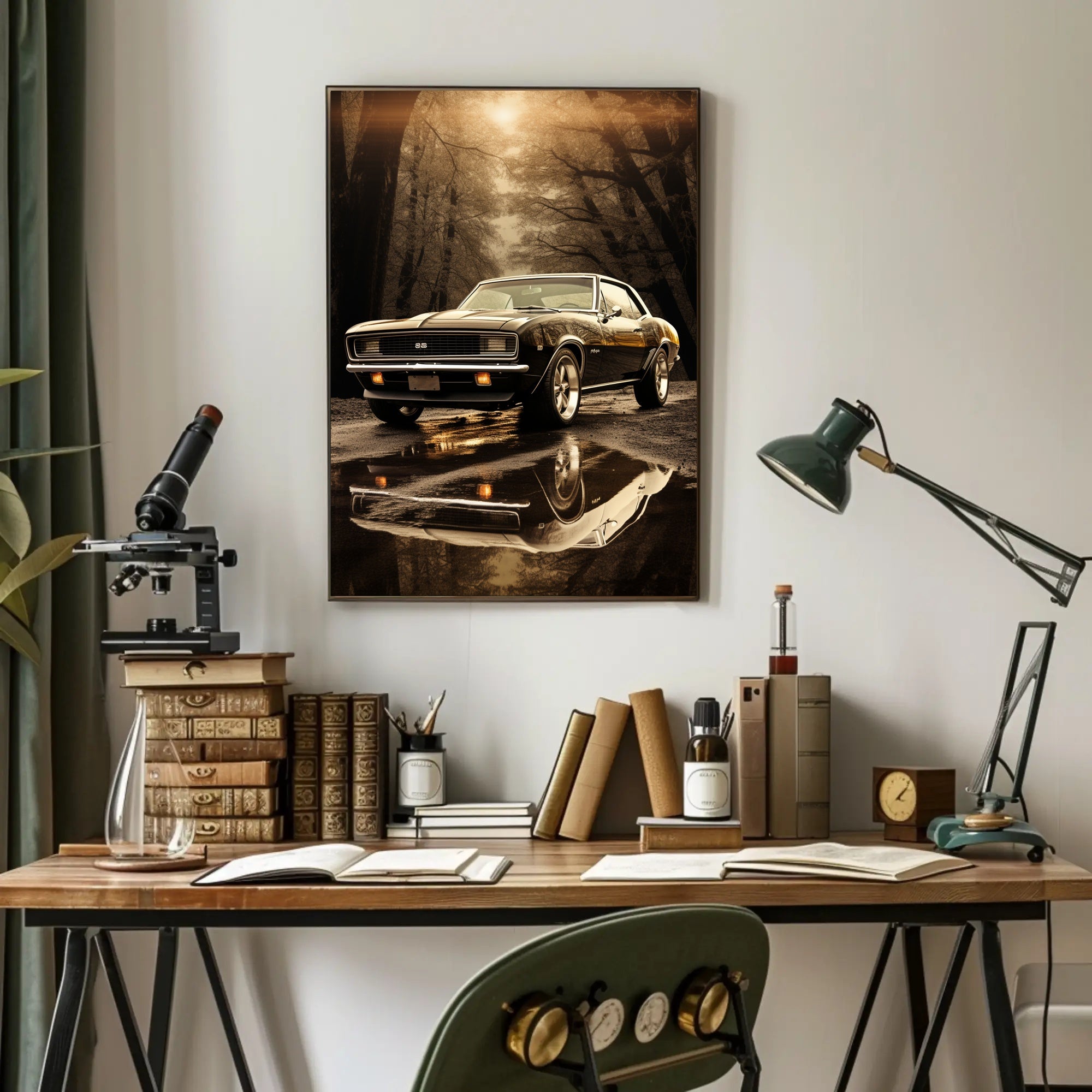 Classic Car in Autumn Reflection Poster PosterGoat