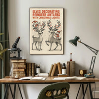 Elves Decorating Reindeer Antlers Poster