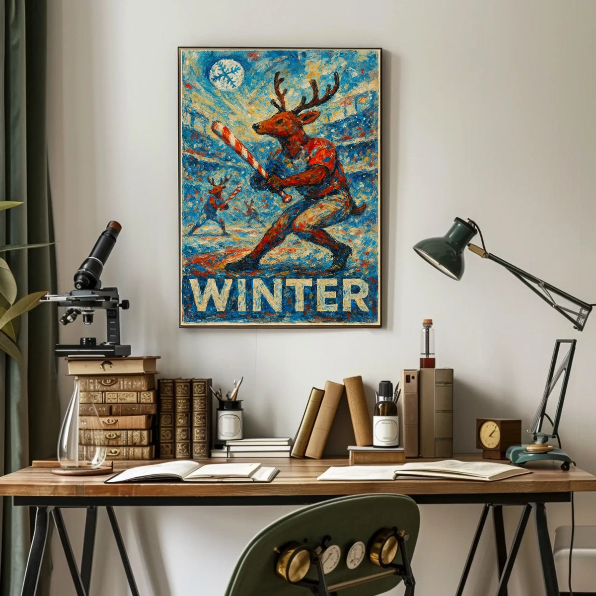 Whimsical Reindeer Baseball Candy Cane Winter Poster