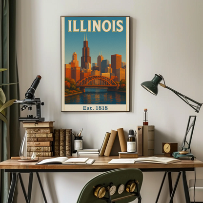 Vintage Inspired Illinois Landmarks and Culture Travel Poster