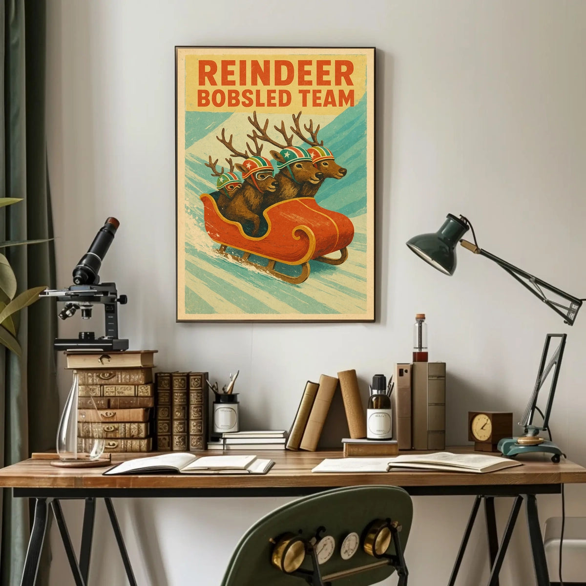 Whimsical Reindeer Sledding Vintage Sports Poster