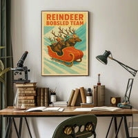 Whimsical Reindeer Sledding Vintage Sports Poster