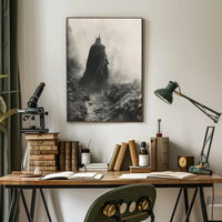 Mysterious Cloaked Figure in Foggy Terrain Fantasy Poster PosterGoat