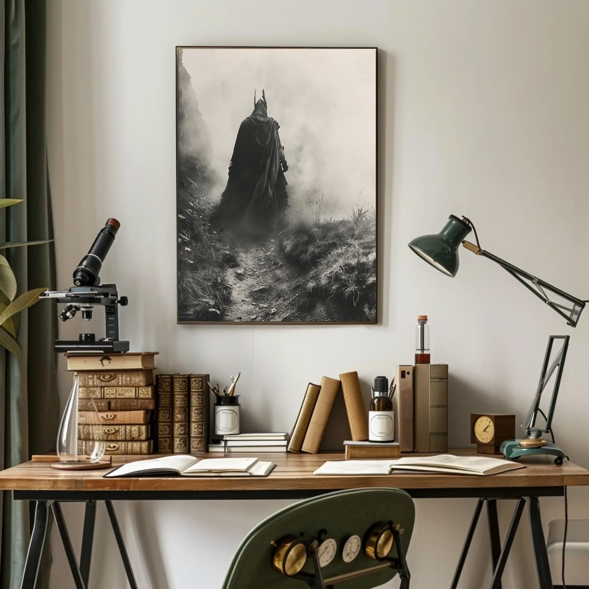 Mysterious Cloaked Figure in Foggy Terrain Fantasy Poster PosterGoat