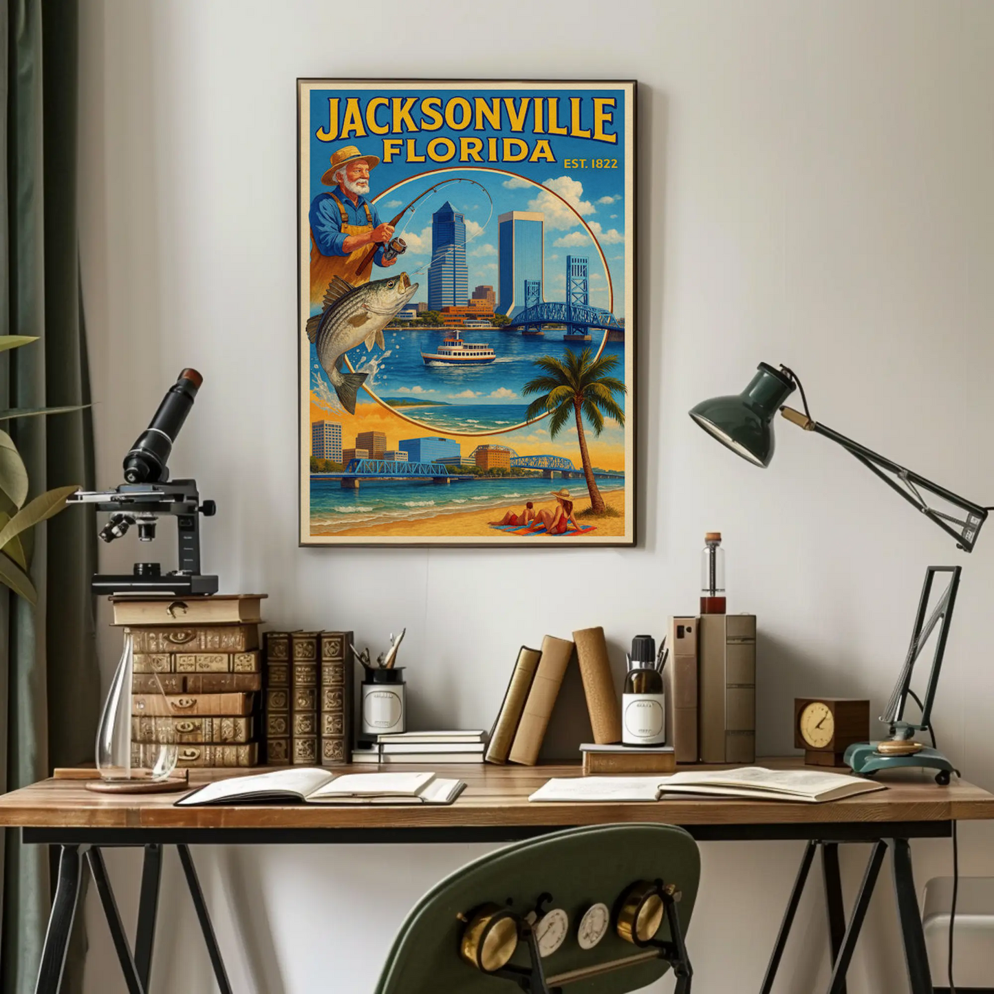 Jacksonville Florida Fishing Bridge Skyline Travel Poster