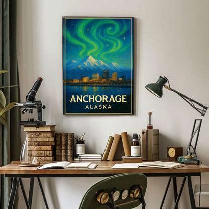 Anchorage Alaska Aurora Mountains Night Vintage Travel Poster