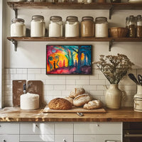 The poster is an abstract, surrealistic artwork with a vibrant and emotive theme. Travel Poster