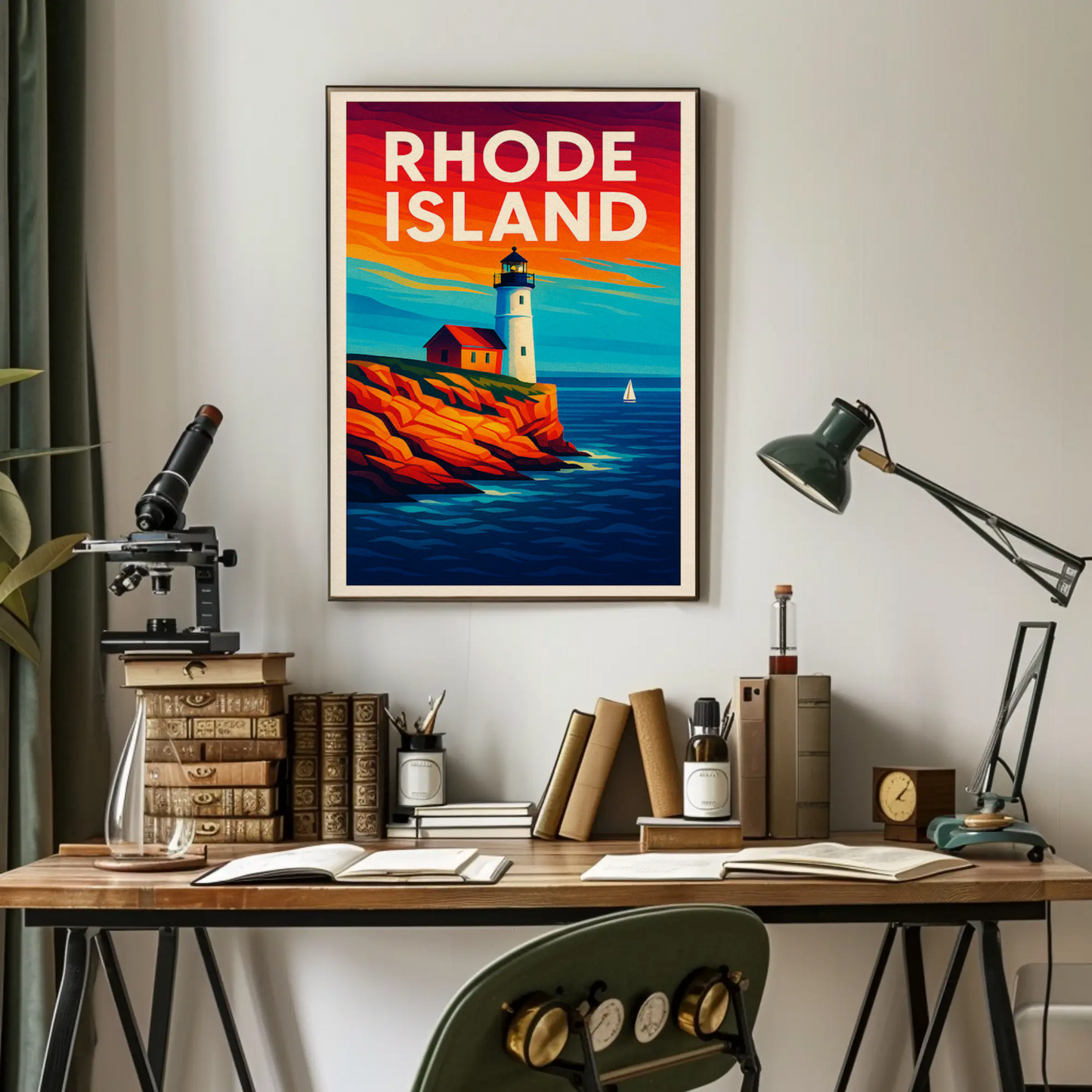 Rhode Island Coast Lighthouse Ocean Sunset Travel Poster