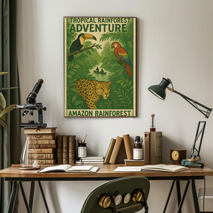 Amazon Rainforest Jaguar Parrots River Poster Poster