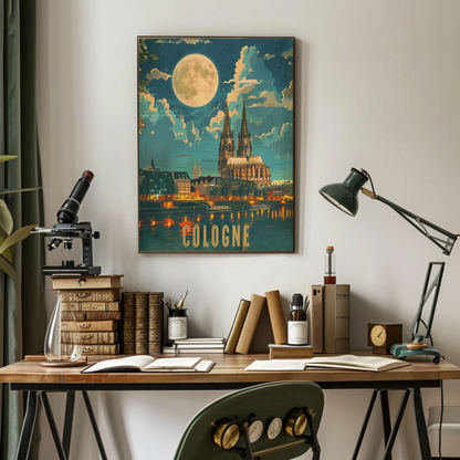 Cologne Cathedral Moonlight River Reflection Travel Poster