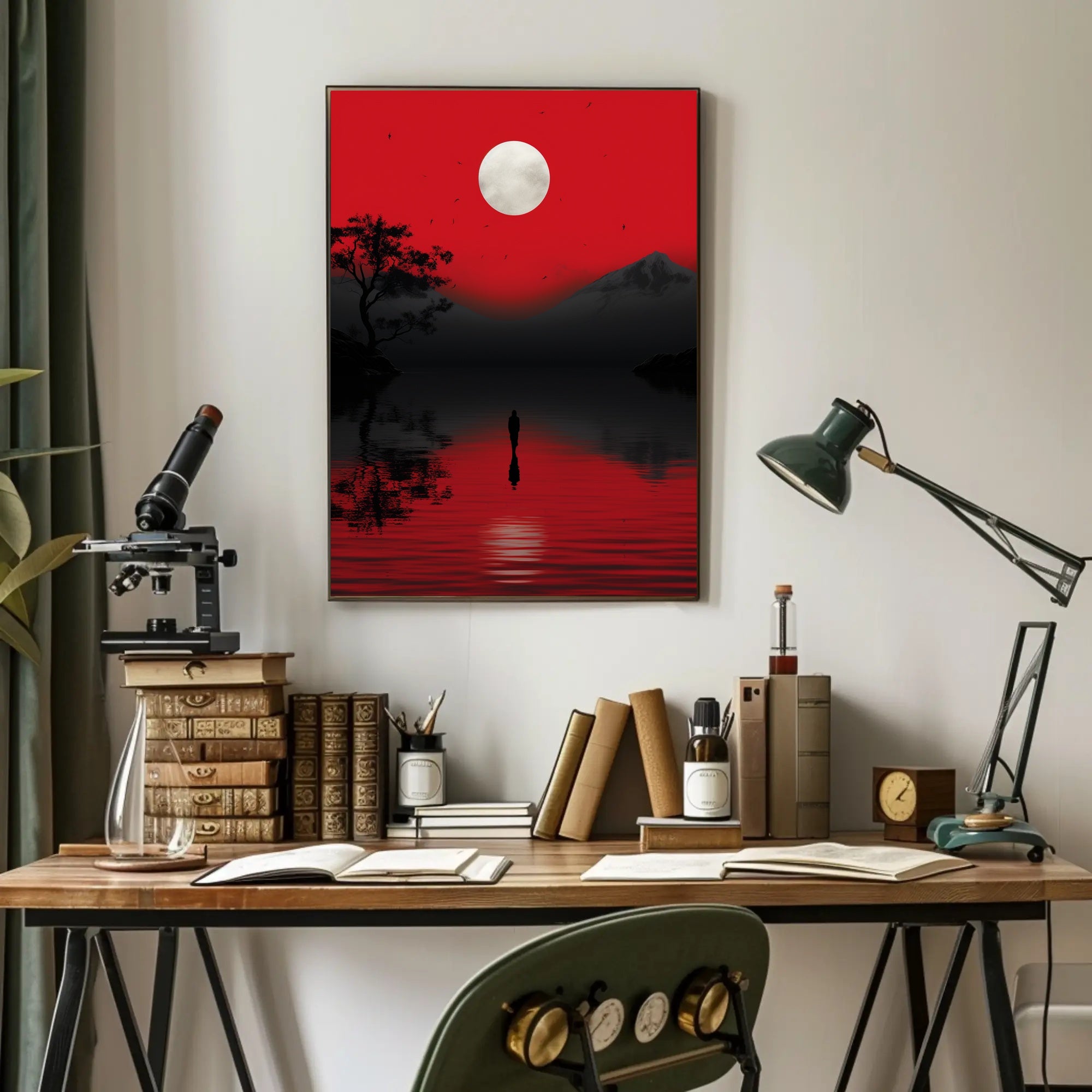 Solitary Reflection Under A Crimson Sky Poster