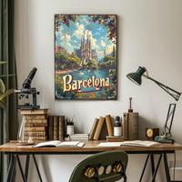 Barcelona Travel Poster with Sagrada Familia and Sunlit Scene