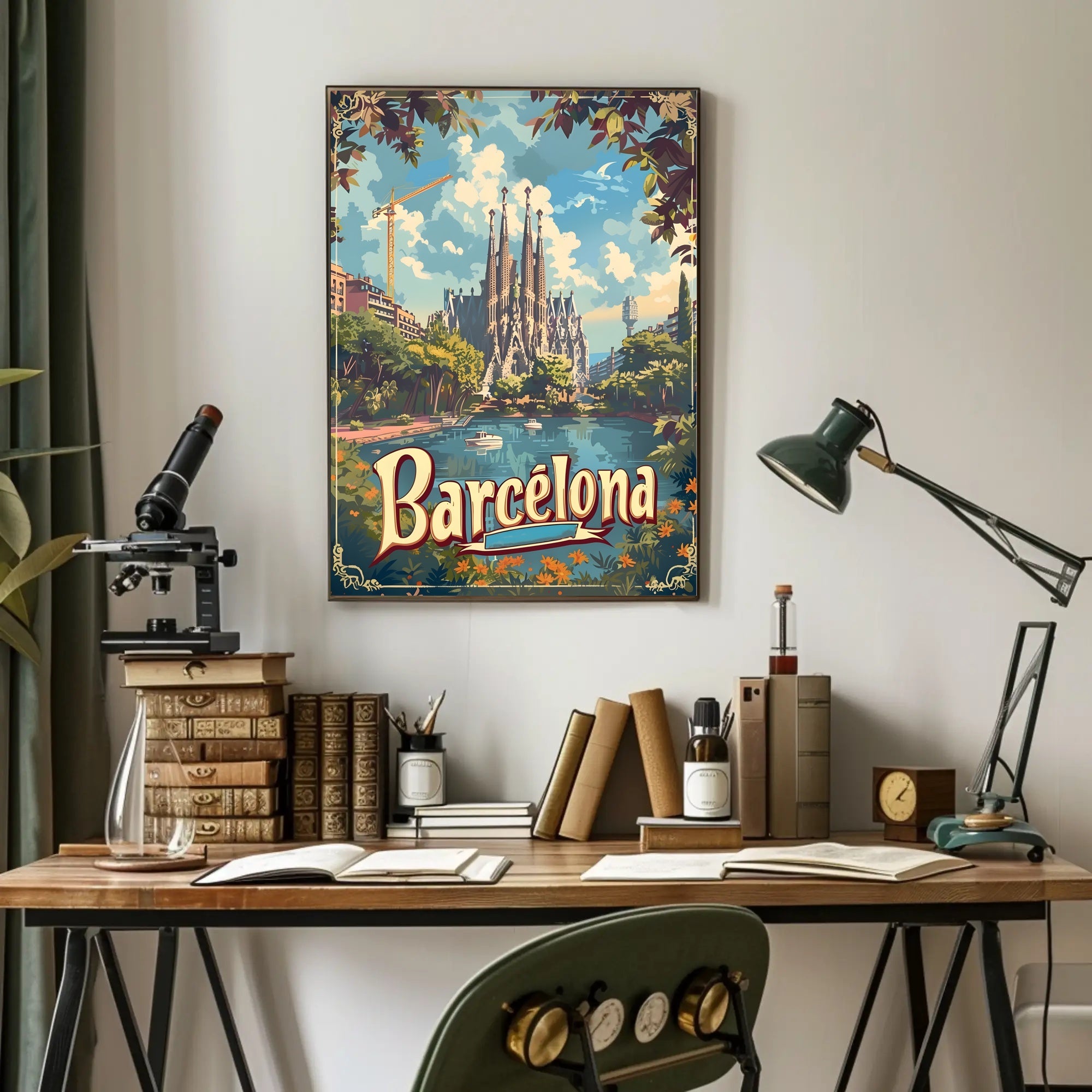 Barcelona Travel Poster with Sagrada Familia and Sunlit Scene