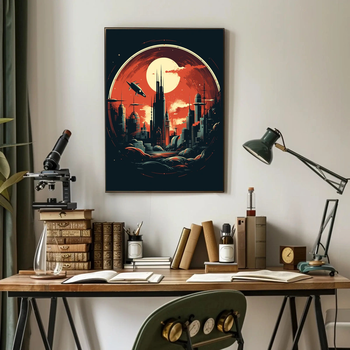 Futuristic Cityscape Under a Crimson Sky Poster