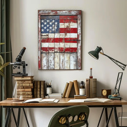 wooden barn door with faded American flag Poster