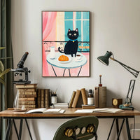 Black Cat Breakfast Poster Charming Morning Wall Art