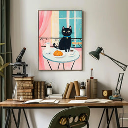 Black Cat Breakfast Poster Charming Morning Wall Art