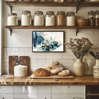 Vintage Winter Car Scene: Nostalgic Urban Elegance Poster