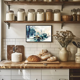 Vintage Winter Car Scene: Nostalgic Urban Elegance Poster