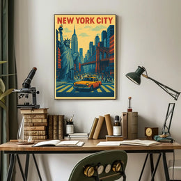 New York City Skyline Landmarks Poster Retro Wall Art