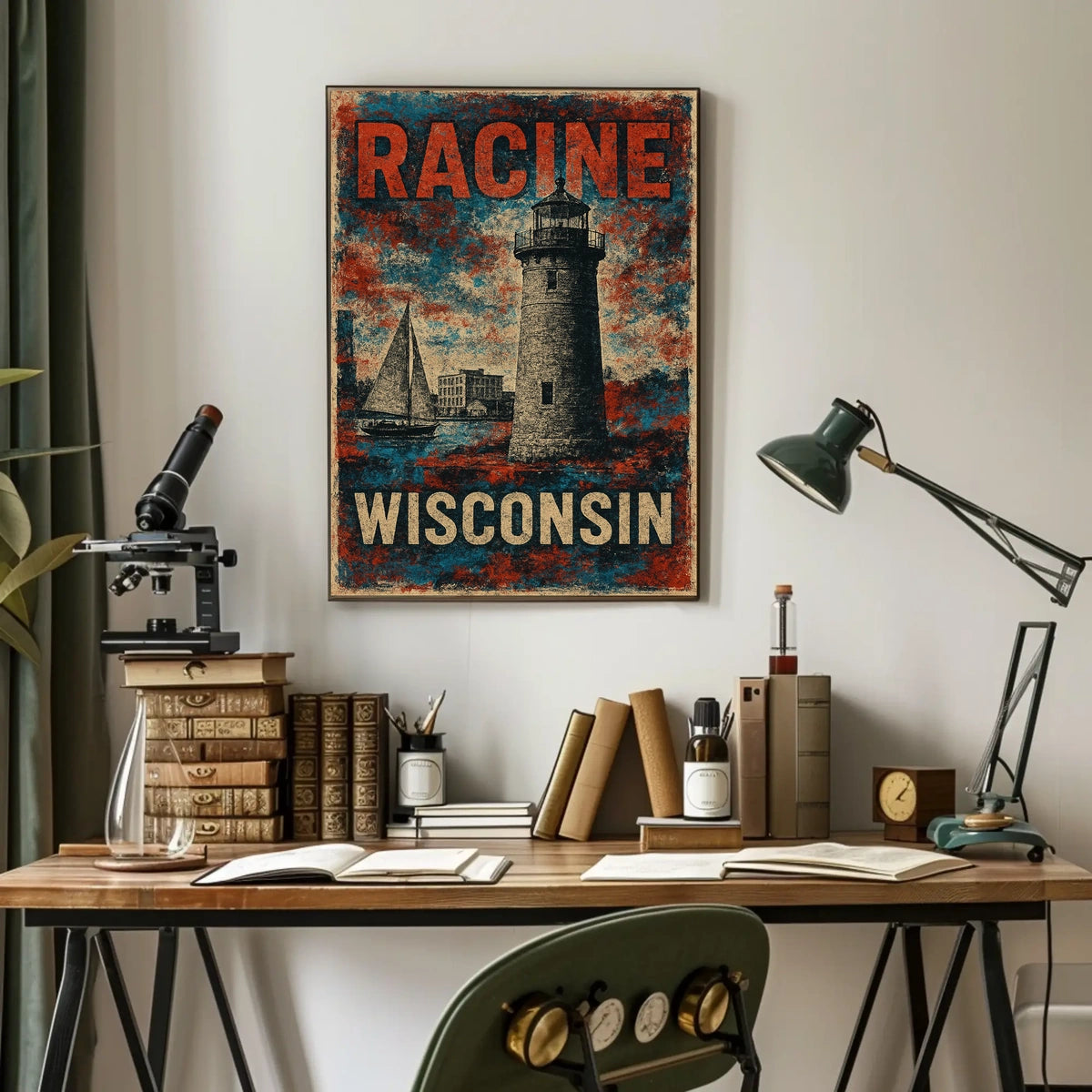 Racine Wisconsin Lighthouse Coastal Watercolor Poster