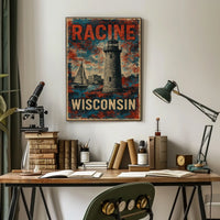Racine Wisconsin Lighthouse Coastal Watercolor Poster