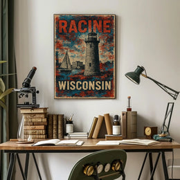 Racine Wisconsin Lighthouse Coastal Watercolor Poster