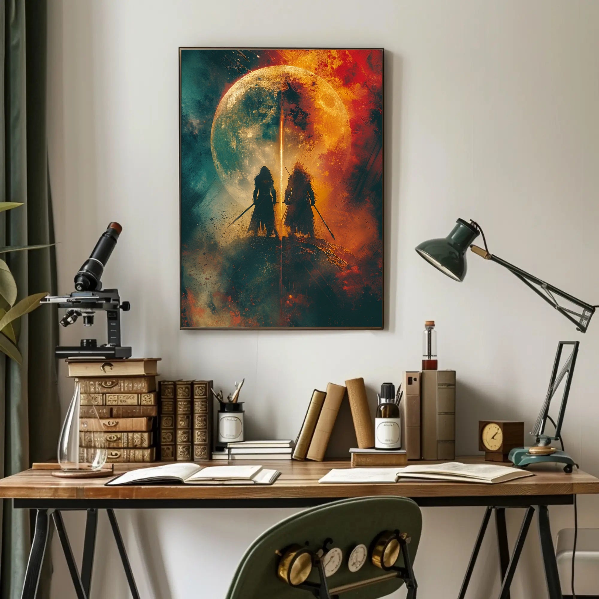 Celestial Warriors Under Twin Moons Fantasy or Mythology Poster PosterGoat