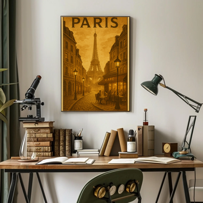 Paris Café Eiffel Sepia Travel Poster