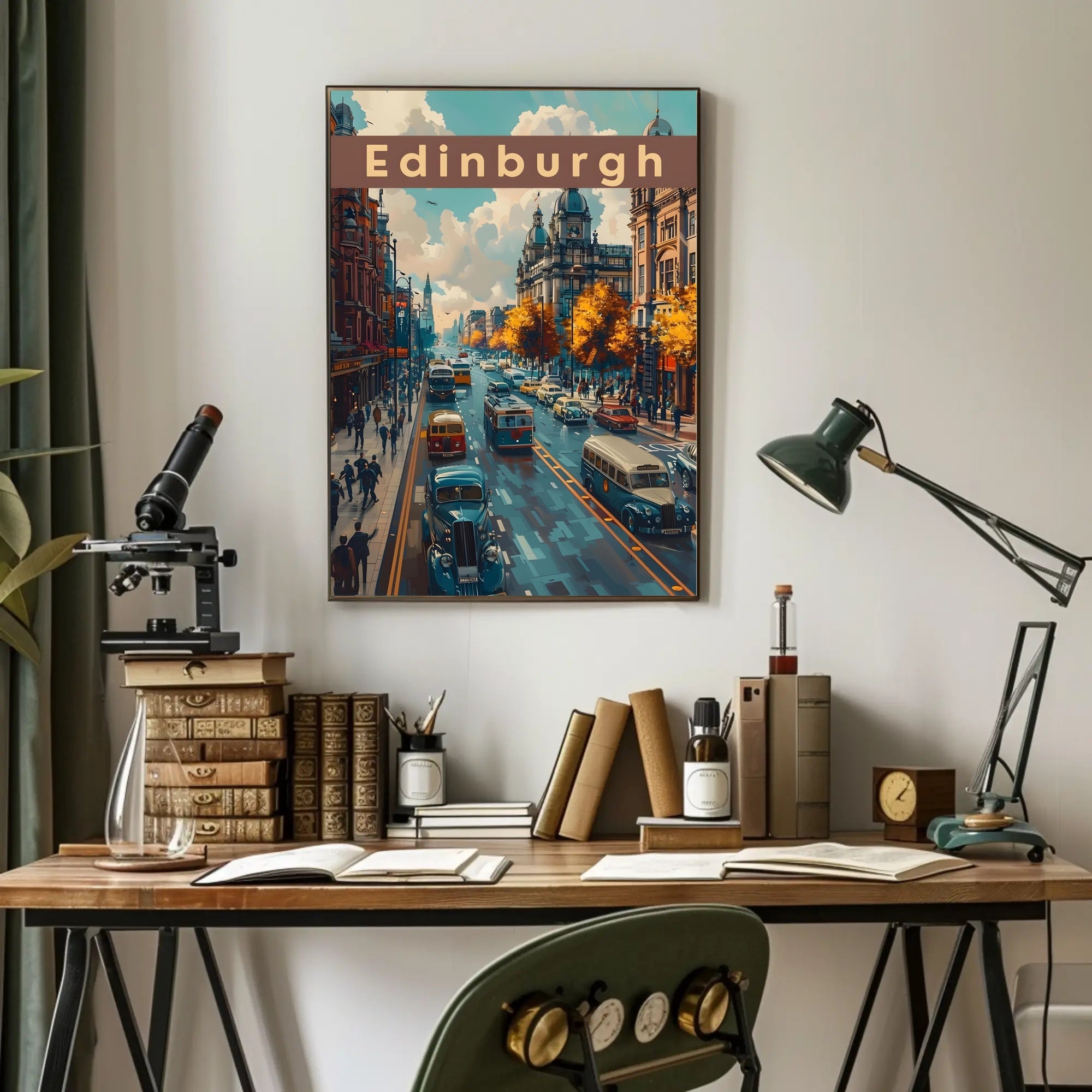Edinburgh Cityscape: Vintage Vehicles and Autumn Charm Poster